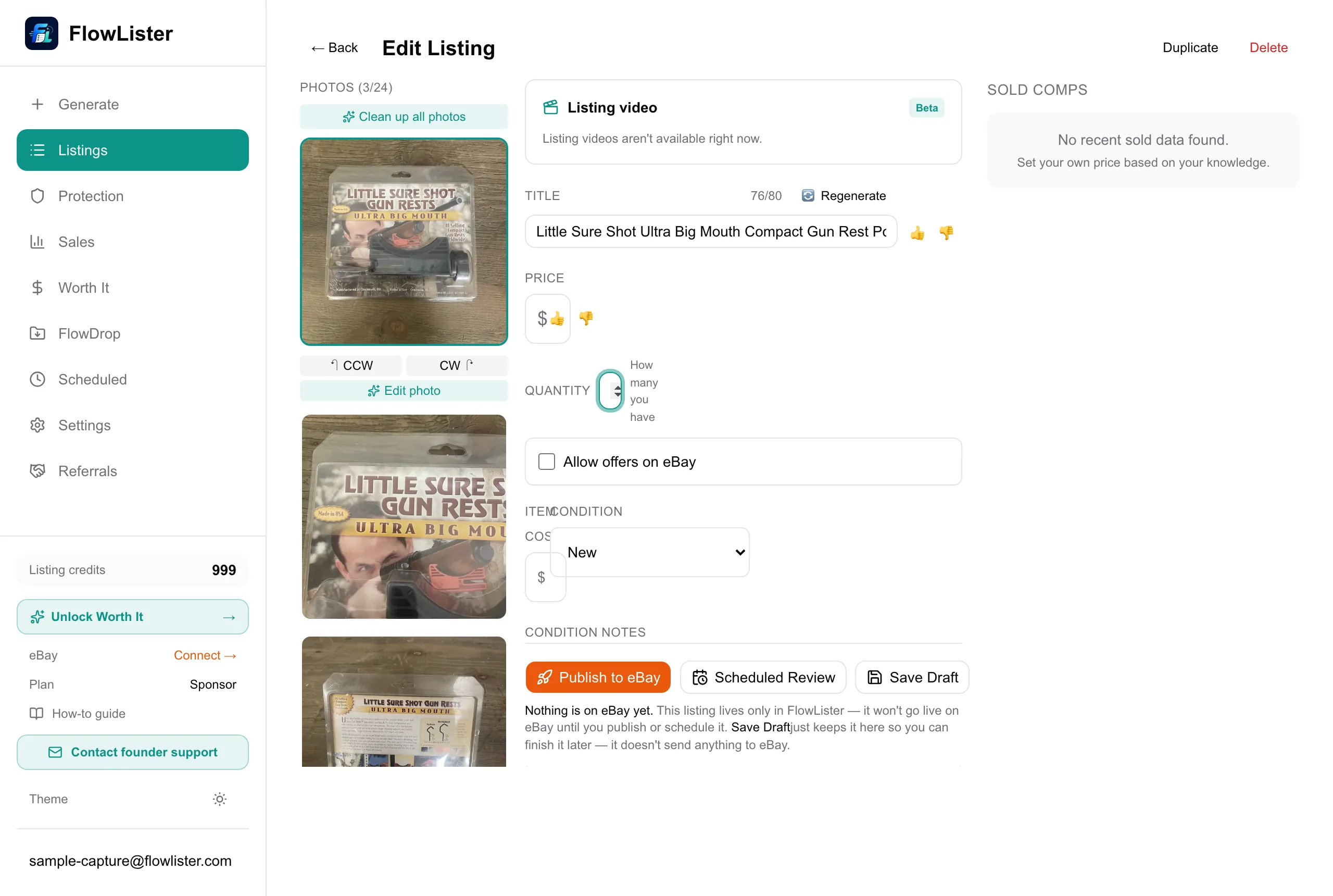 FlowLister listing editor showing a generated draft: item photos, AI title, price field, sold-comps panel, and the Publish to eBay controls awaiting the seller's review